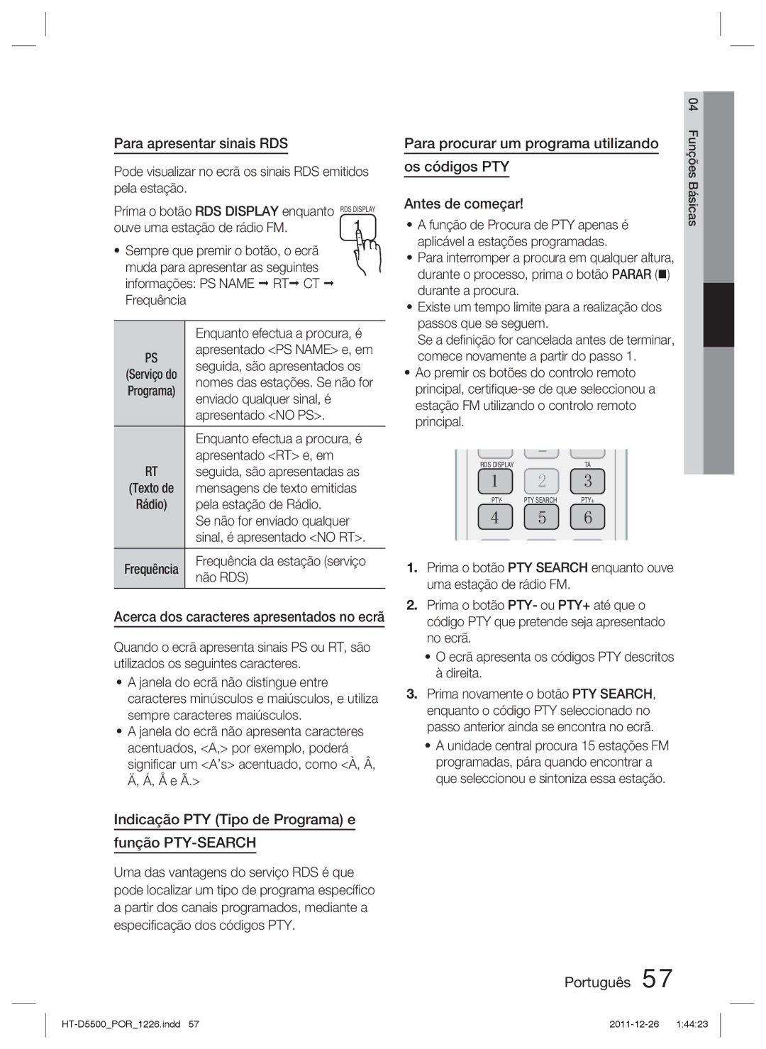 Samsung HT-D5530/ZF, HT-D5550/ZF manual Para apresentar sinais RDS, Para procurar um programa utilizando, Os códigos PTY 