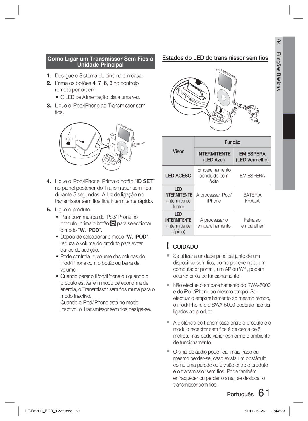 Samsung HT-D5550/ZF manual Estados do LED do transmissor sem ﬁos, Como Ligar um Transmissor Sem Fios à Unidade Principal 