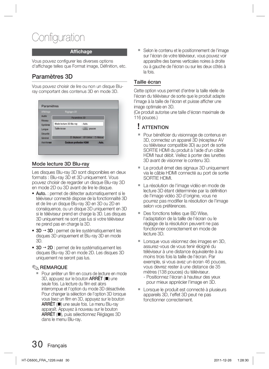 Samsung HT-D5530/ZF, HT-D5550/ZF, HT-D5500/ZF Paramètres 3D, Afﬁchage, Mode lecture 3D Blu-ray, Taille écran, Sortie Hdmi 