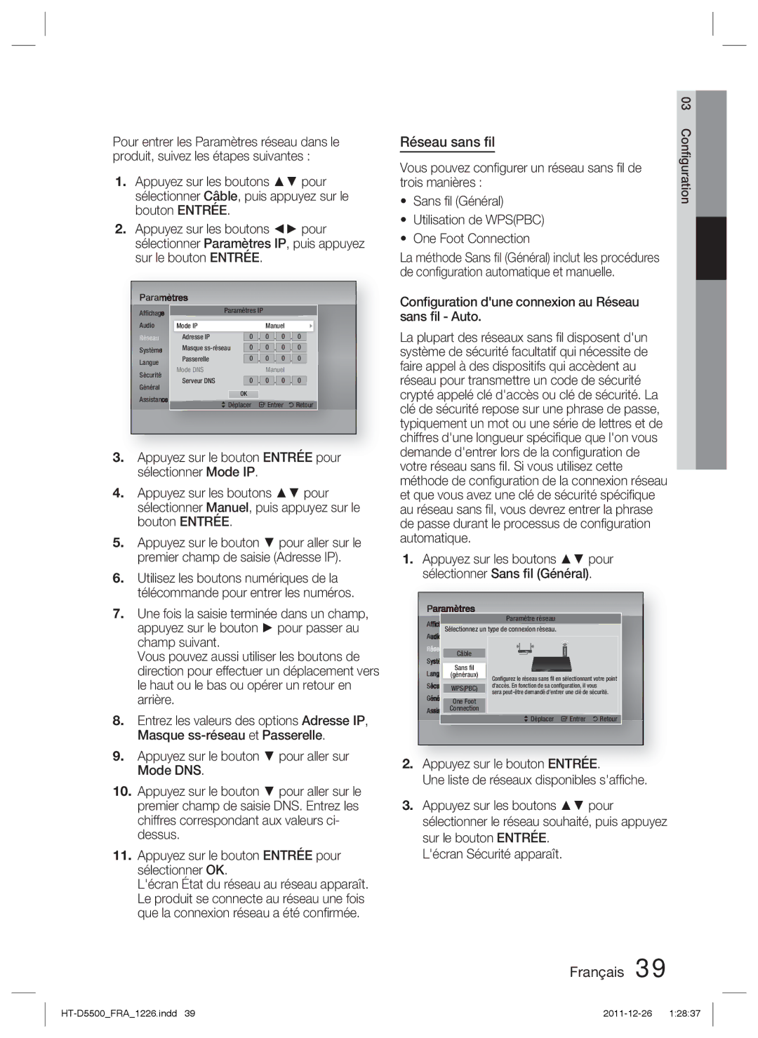 Samsung HT-D5530/ZF, HT-D5550/ZF, HT-D5500/ZF manual Réseau sans ﬁl, Vous pouvez conﬁgurer un réseau sans ﬁl de 