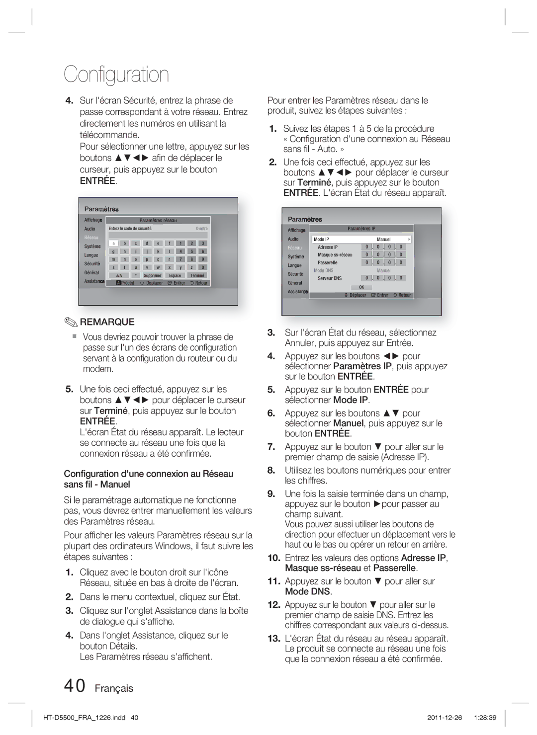 Samsung HT-D5550/ZF, HT-D5530/ZF, HT-D5500/ZF manual Entrer Retour 