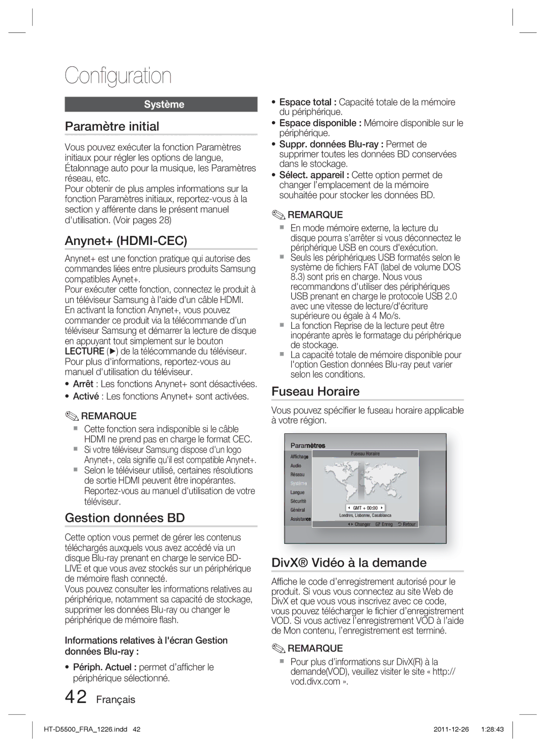 Samsung HT-D5530/ZF manual Paramètre initial, Anynet+ HDMI-CEC, Gestion données BD, Fuseau Horaire, DivX Vidéo à la demande 