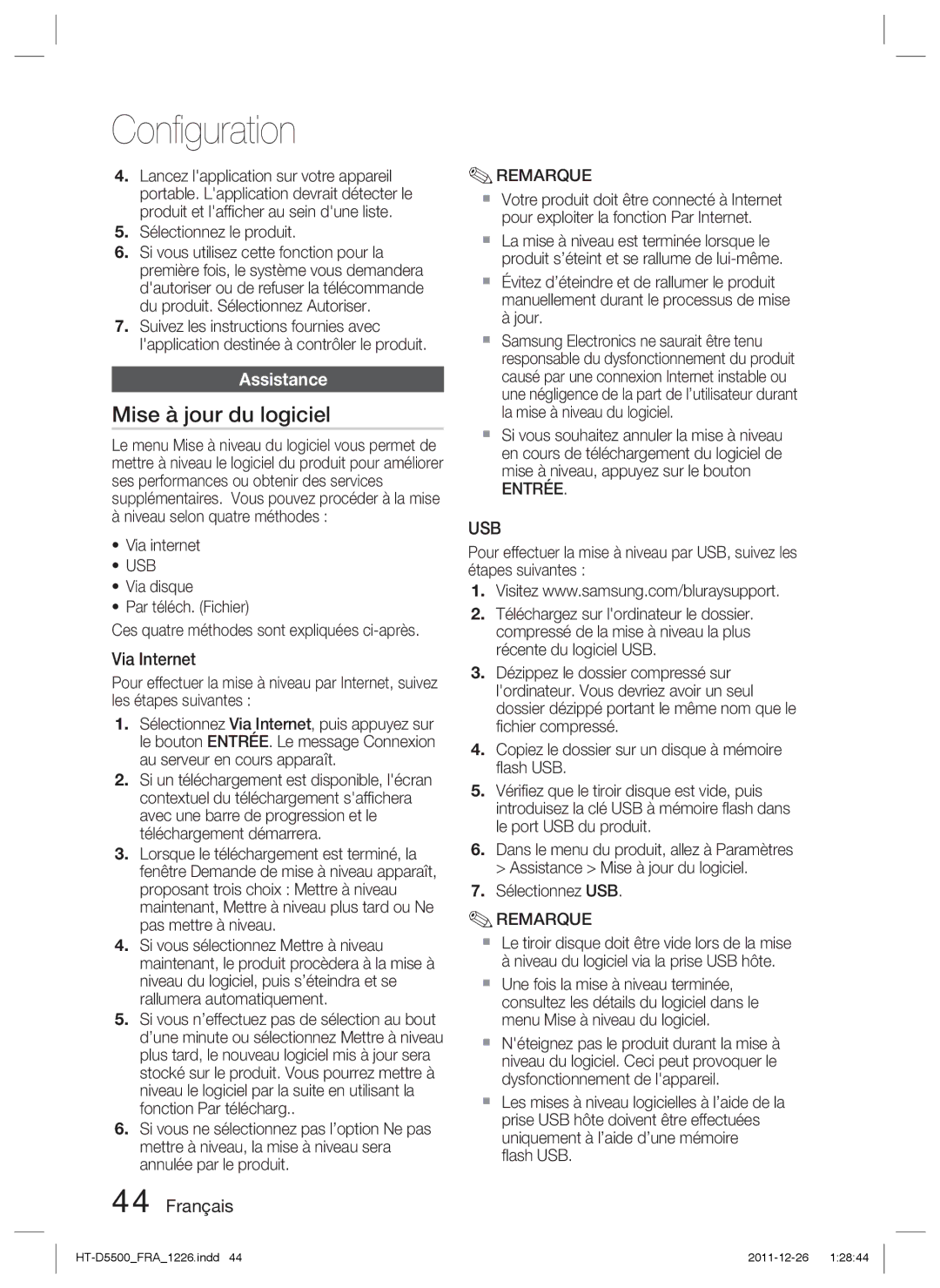 Samsung HT-D5500/ZF, HT-D5530/ZF, HT-D5550/ZF manual Mise à jour du logiciel, Assistance, Via Internet 