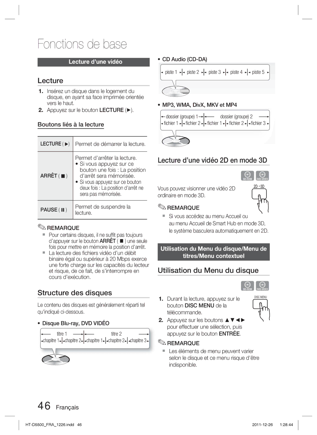 Samsung HT-D5550/ZF, HT-D5530/ZF manual Fonctions de base, Structure des disques, Lecture d’une vidéo 2D en mode 3D 