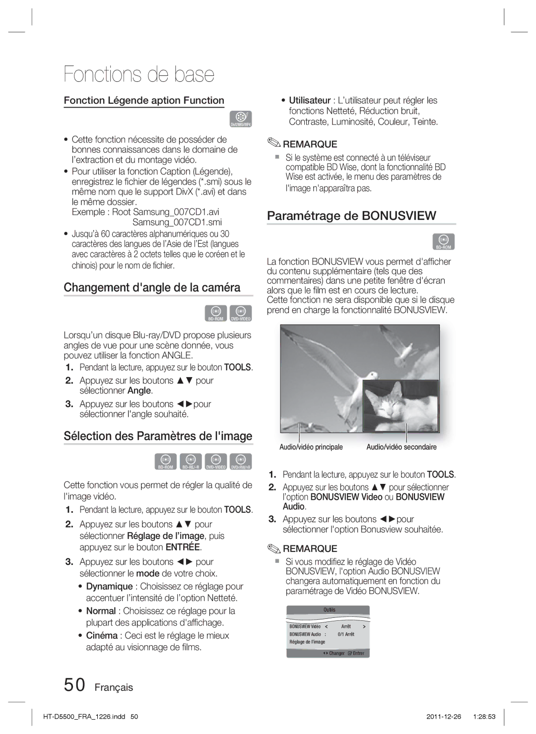 Samsung HT-D5500/ZF manual Changement dangle de la caméra, Sélection des Paramètres de limage, Paramétrage de Bonusview 