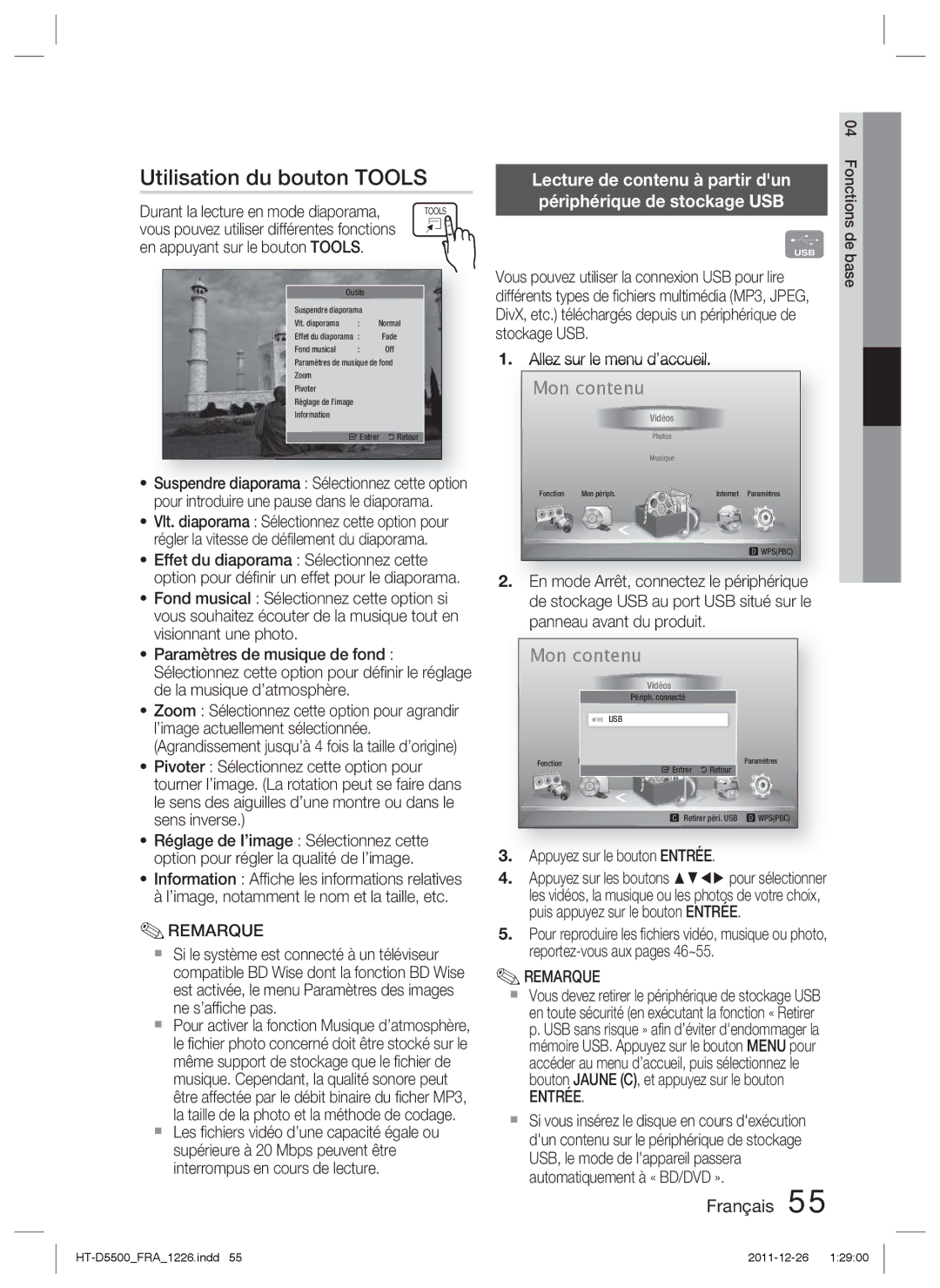 Samsung HT-D5550/ZF manual Utilisation du bouton Tools, Vous pouvez utiliser différentes fonctions, Fonctions de base 