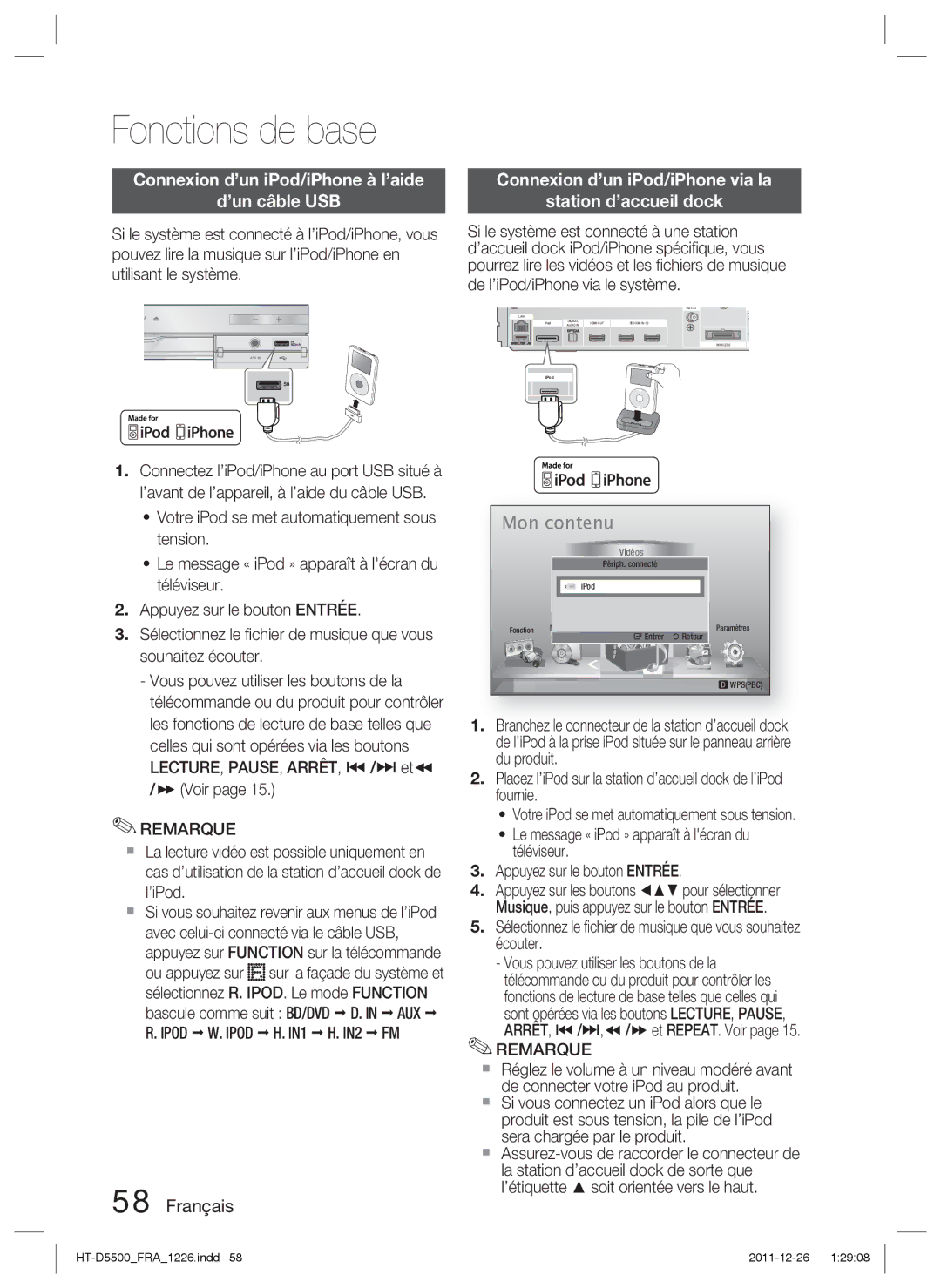 Samsung HT-D5550/ZF, HT-D5530/ZF manual Connexion d’un iPod/iPhone à l’aide ’un câble USB, De l’iPod/iPhone via le système 