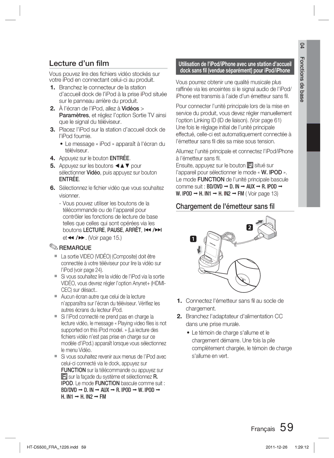 Samsung HT-D5500/ZF manual Lecture d’un ﬁlm, Chargement de lémetteur sans ﬁl, IN1 IN2, Ensuite, appuyez sur le bouton 