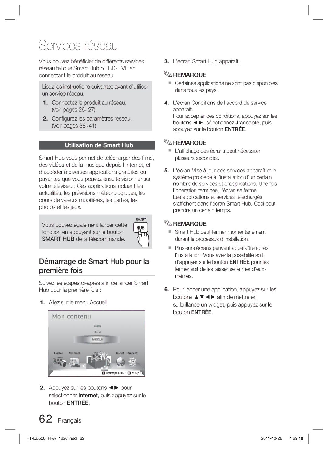 Samsung HT-D5500/ZF, HT-D5530/ZF Services réseau, Démarrage de Smart Hub pour la première fois, Utilisation de Smart Hub 