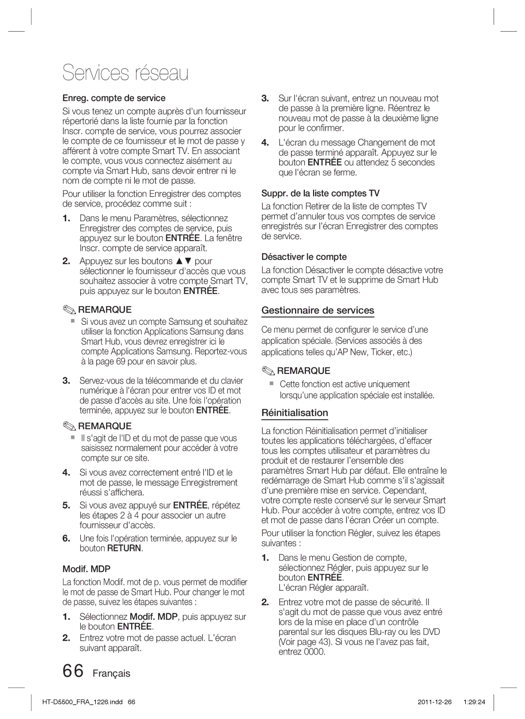 Samsung HT-D5530/ZF, HT-D5550/ZF, HT-D5500/ZF manual Gestionnaire de services, Réinitialisation, Enreg. compte de service 