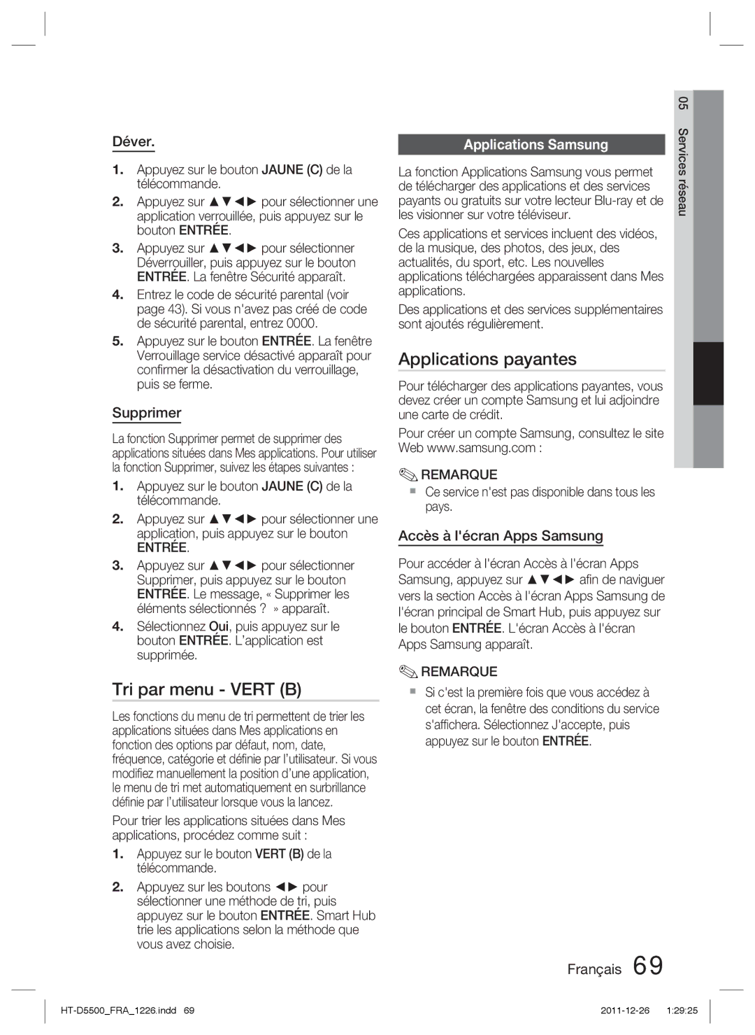 Samsung HT-D5530/ZF, HT-D5550/ZF, HT-D5500/ZF manual Tri par menu Vert B, Applications payantes, Applications Samsung 