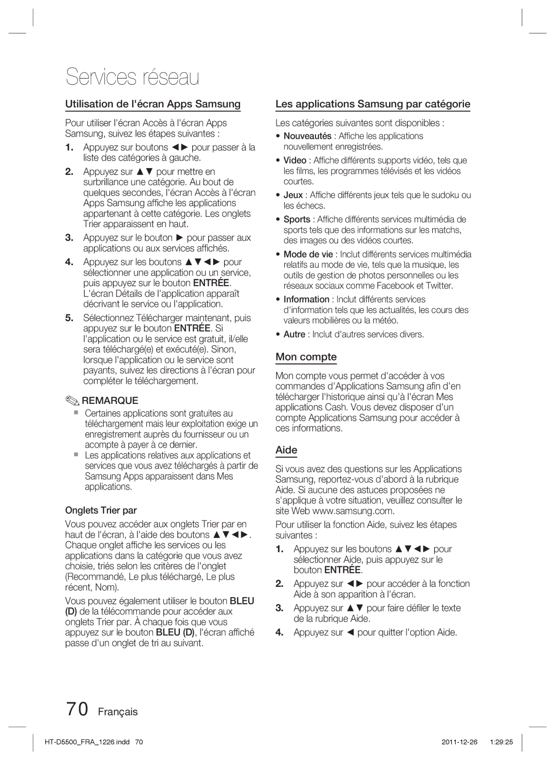 Samsung HT-D5550/ZF manual Utilisation de lécran Apps Samsung, Les applications Samsung par catégorie, Mon compte, Aide 