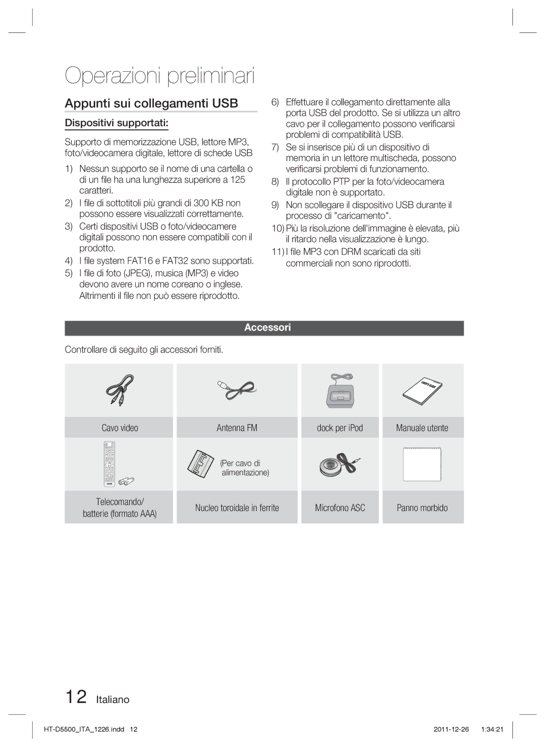 Samsung HT-D5530/ZF manual Appunti sui collegamenti USB, Dispositivi supportati, Accessori, Per cavo di alimentazione 