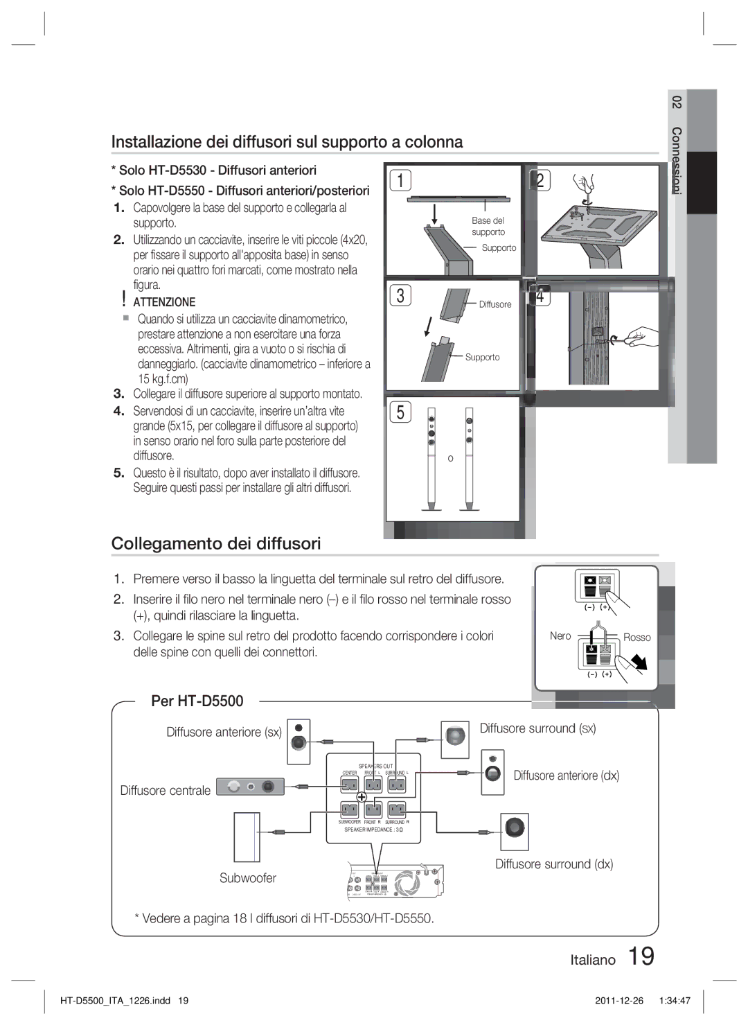 Samsung HT-D5550/ZF manual Installazione dei diffusori sul supporto a colonna, Collegamento dei diffusori, Per HT-D5500 