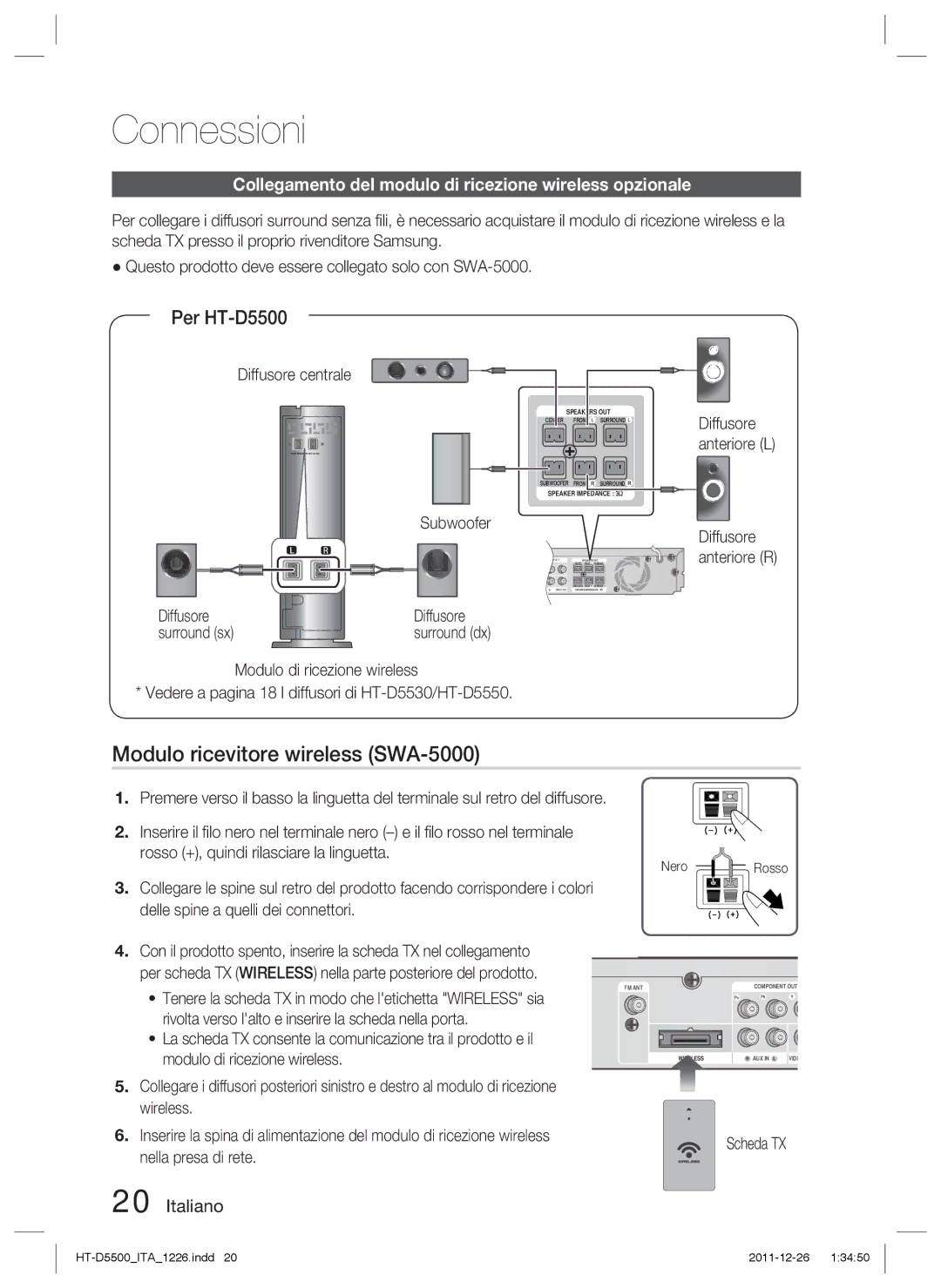 Samsung HT-D5500/ZF manual Modulo ricevitore wireless SWA-5000, Collegamento del modulo di ricezione wireless opzionale 