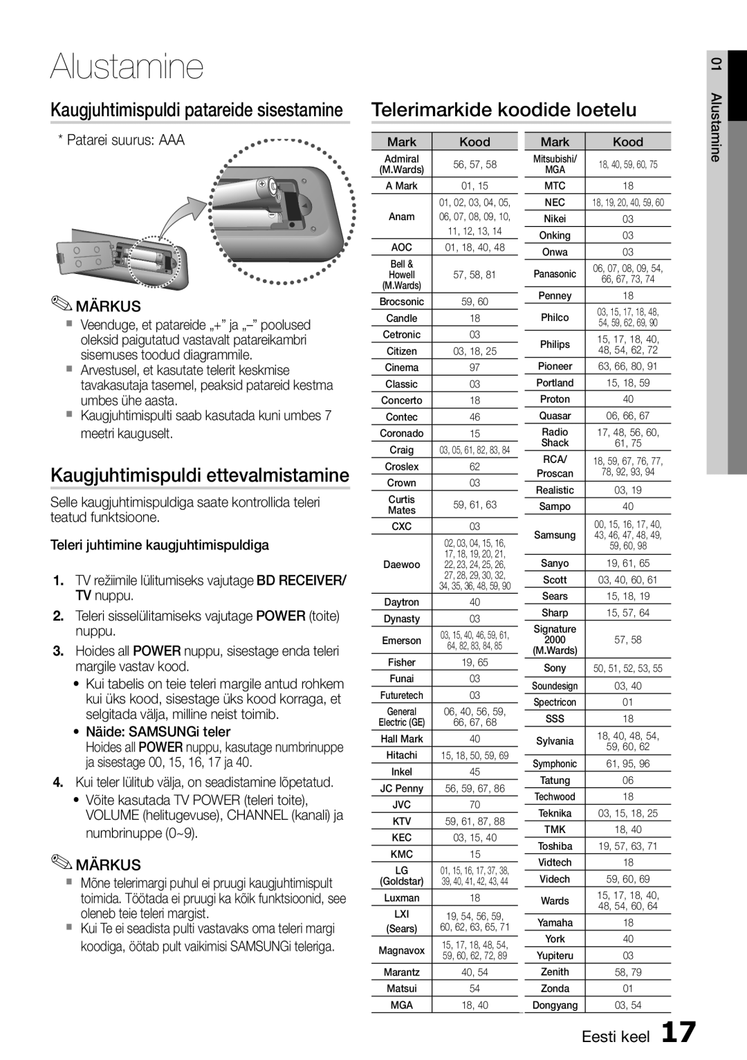 Samsung HT-D5550/EN manual Telerimarkide koodide loetelu, Kaugjuhtimispuldi ettevalmistamine 