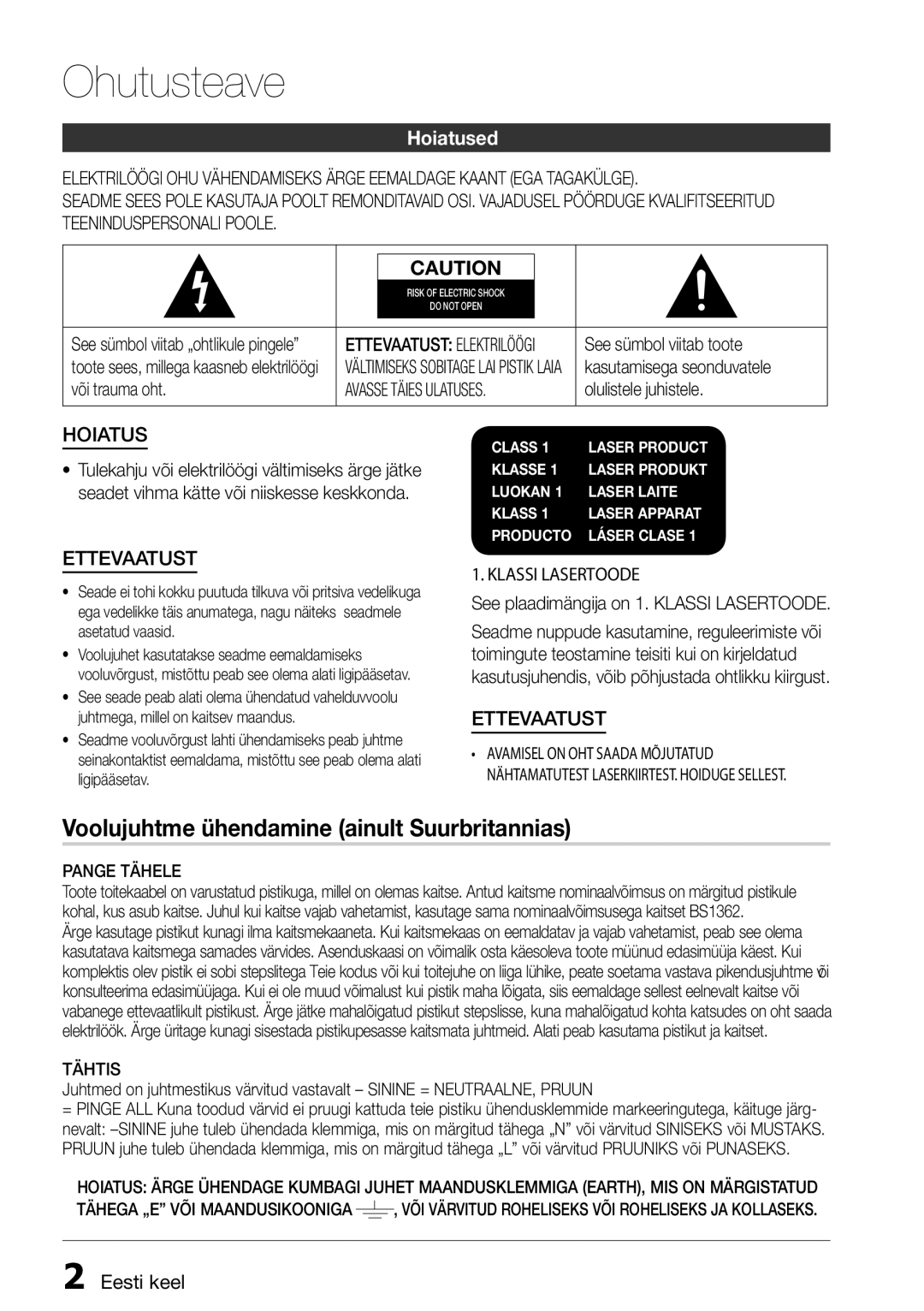 Samsung HT-D5550/EN manual Hoiatused, Eesti keel 