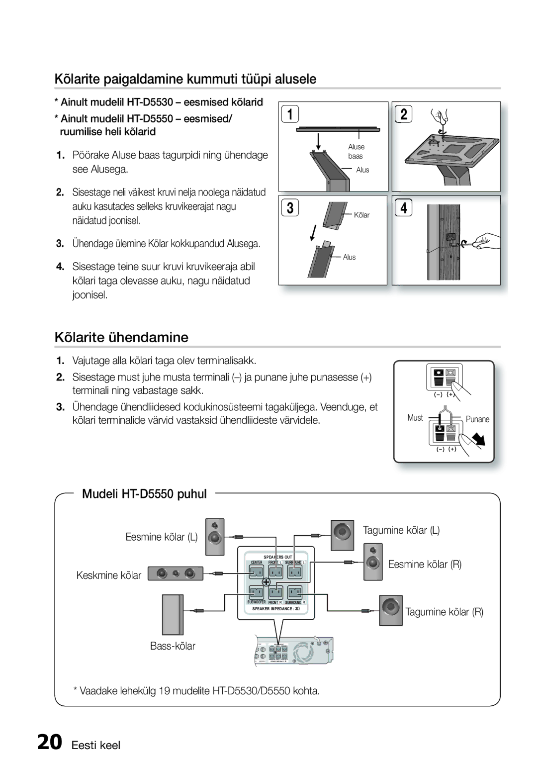 Samsung HT-D5550/EN manual Kõlarite paigaldamine kummuti tüüpi alusele, Kõlarite ühendamine, Mudeli HT-D5550 puhul 