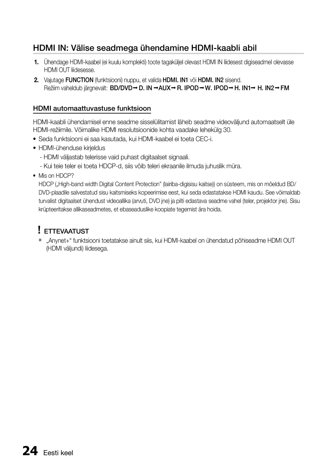 Samsung HT-D5550/EN manual Hdmi in Välise seadmega ühendamine HDMI-kaabli abil, Hdmi automaattuvastuse funktsioon 