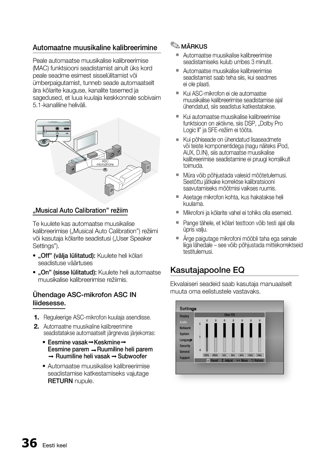 Samsung HT-D5550/EN manual Kasutajapoolne EQ, Automaatne muusikaline kalibreerimine, „Musical Auto Calibration režiim 