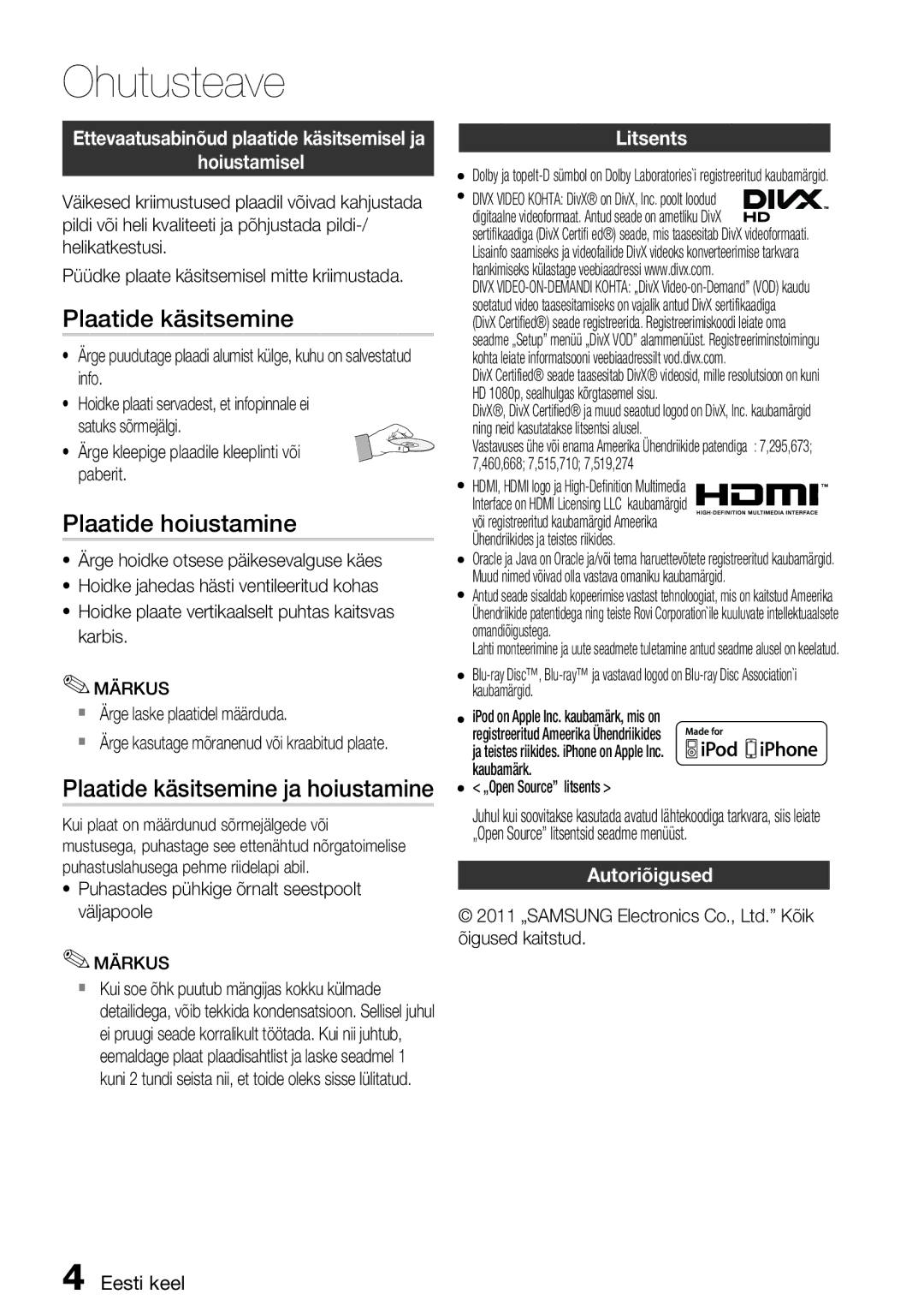 Samsung HT-D5550/EN manual Plaatide hoiustamine, Plaatide käsitsemine ja hoiustamine 