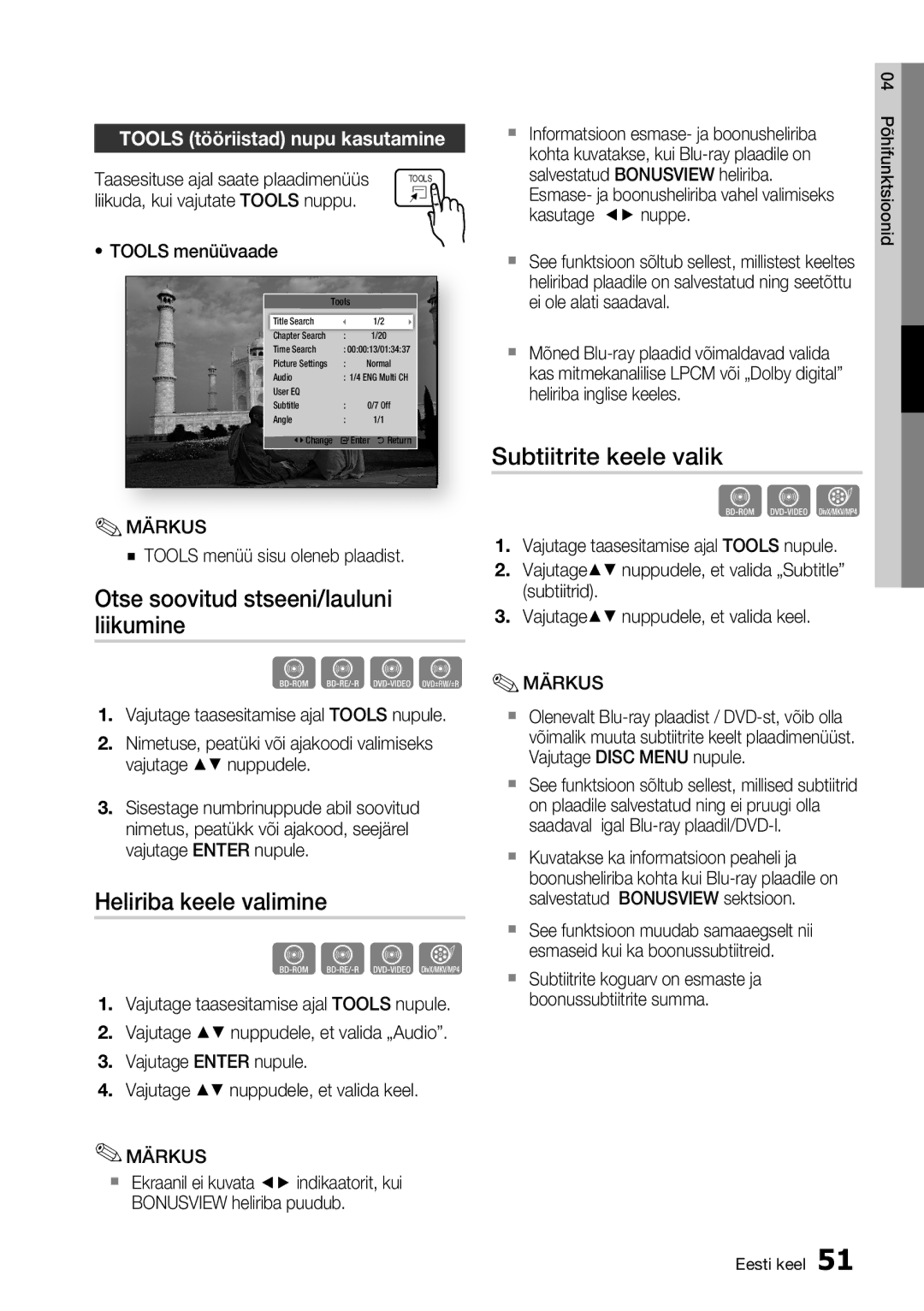 Samsung HT-D5550/EN manual Otse soovitud stseeni/lauluni liikumine, Heliriba keele valimine, Subtiitrite keele valik 