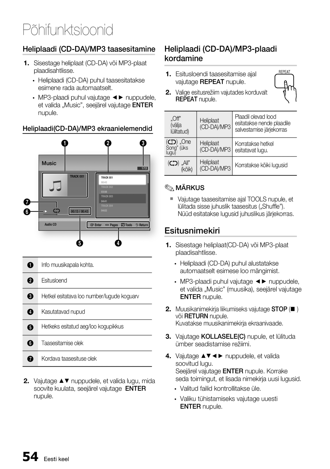 Samsung HT-D5550/EN manual Esitusnimekiri, Heliplaadi CD-DA/MP3-plaadi kordamine, Heliplaadi CD-DA/MP3 taasesitamine 