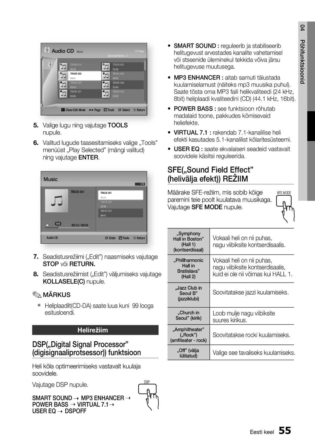 Samsung HT-D5550/EN manual SFE„Sound Field Effect helivälja efekt Režiim, Helirežiim 