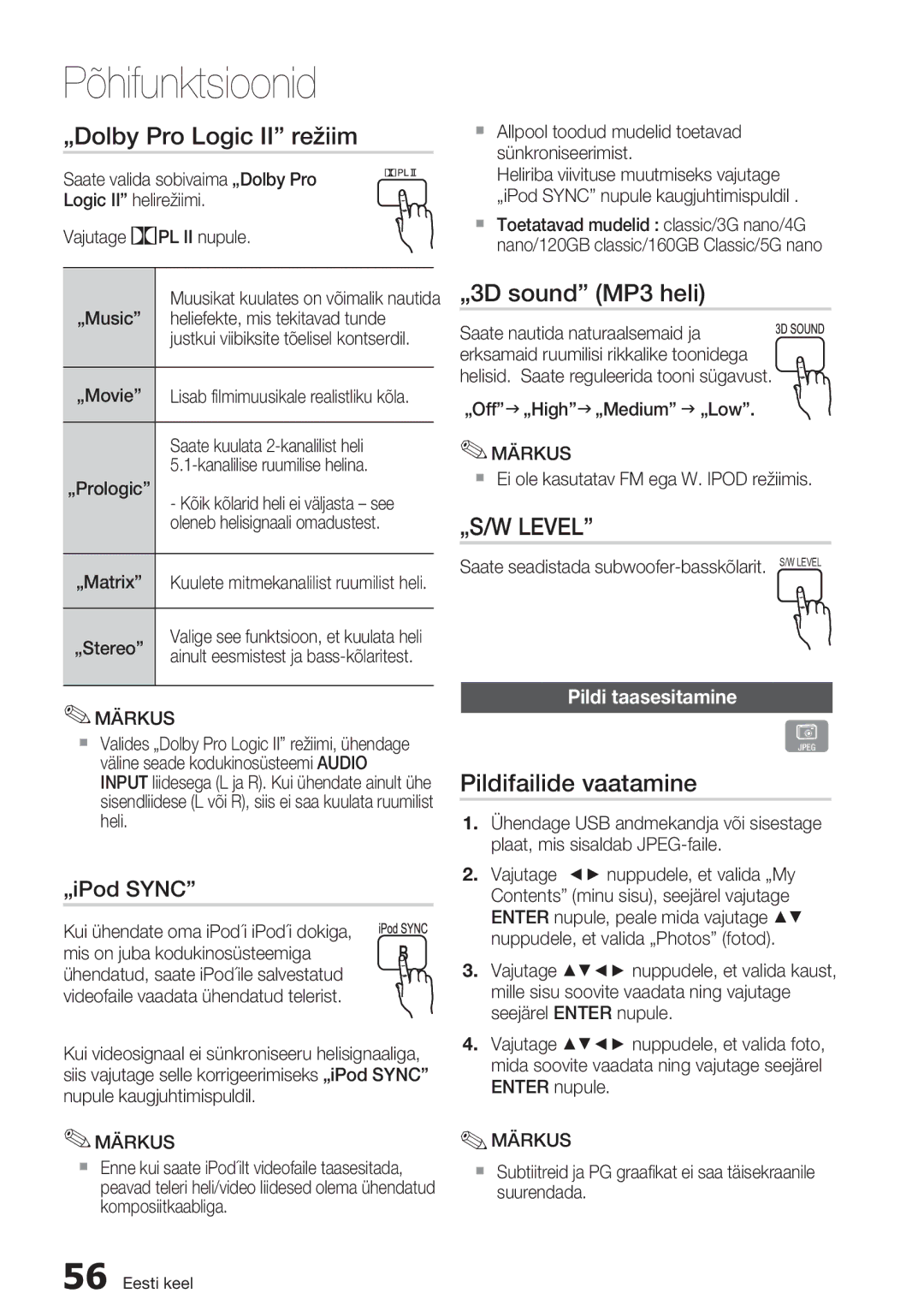 Samsung HT-D5550/EN manual „Dolby Pro Logic II režiim, „3D sound MP3 heli, Pildifailide vaatamine, „iPod Sync 