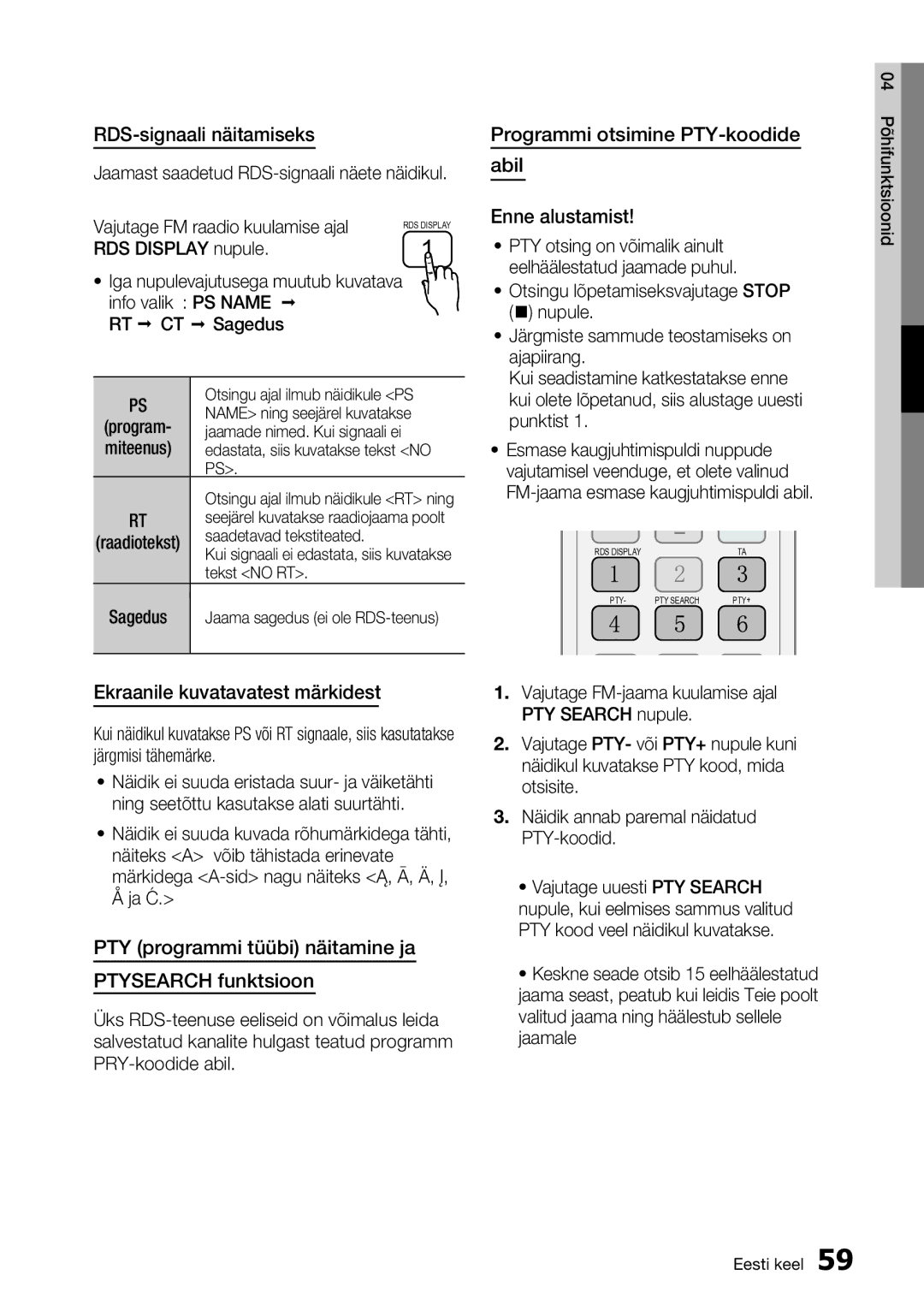 Samsung HT-D5550/EN manual RDS-signaali näitamiseks, Ekraanile kuvatavatest märkidest, Programmi otsimine PTY-koodide 