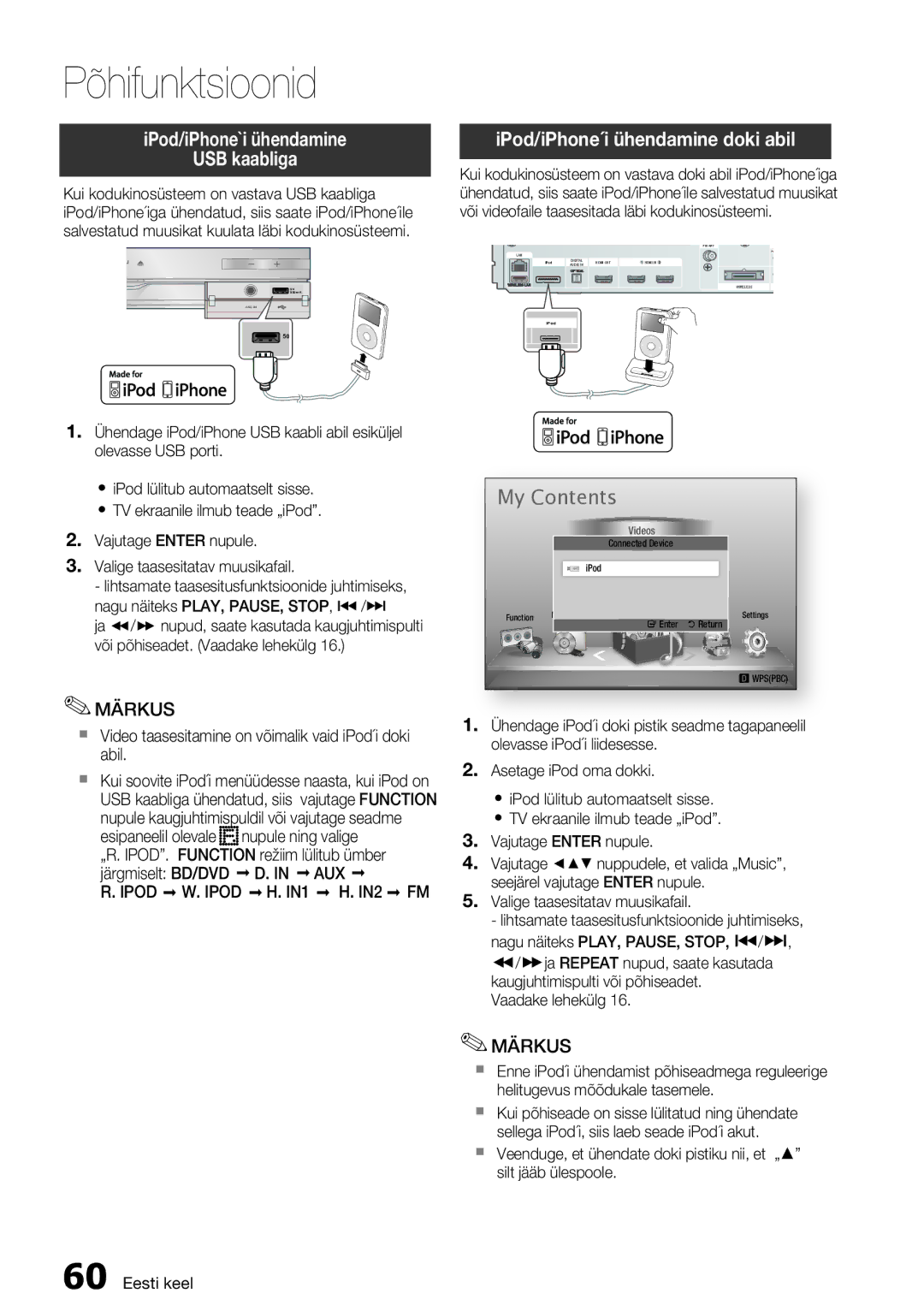 Samsung HT-D5550/EN manual IPod/iPhone`i ühendamine USB kaabliga, IPod/iPhone´i ühendamine doki abil 