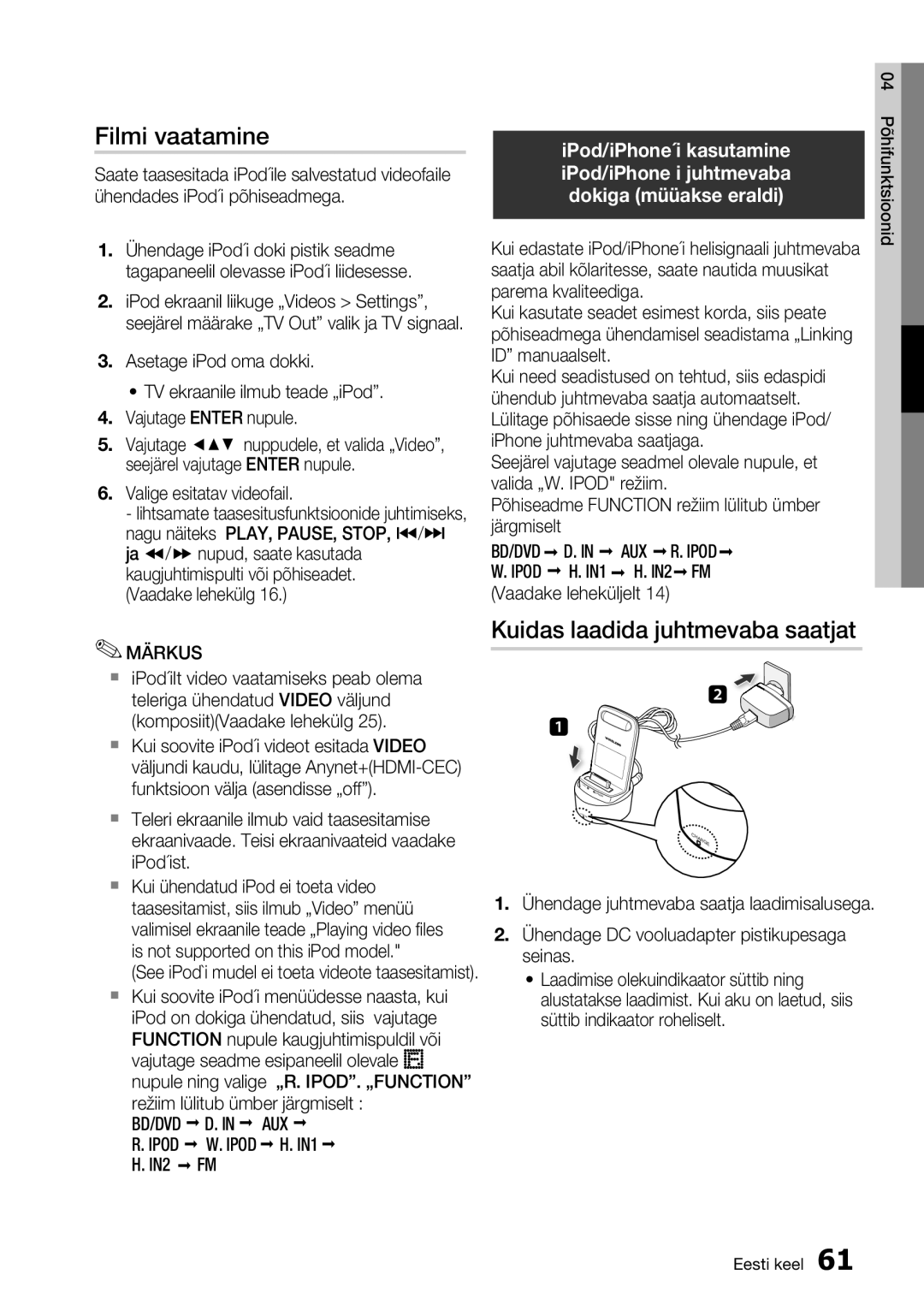 Samsung HT-D5550/EN manual Filmi vaatamine, Kuidas laadida juhtmevaba saatjat, IPod/iPhone´i kasutamine 