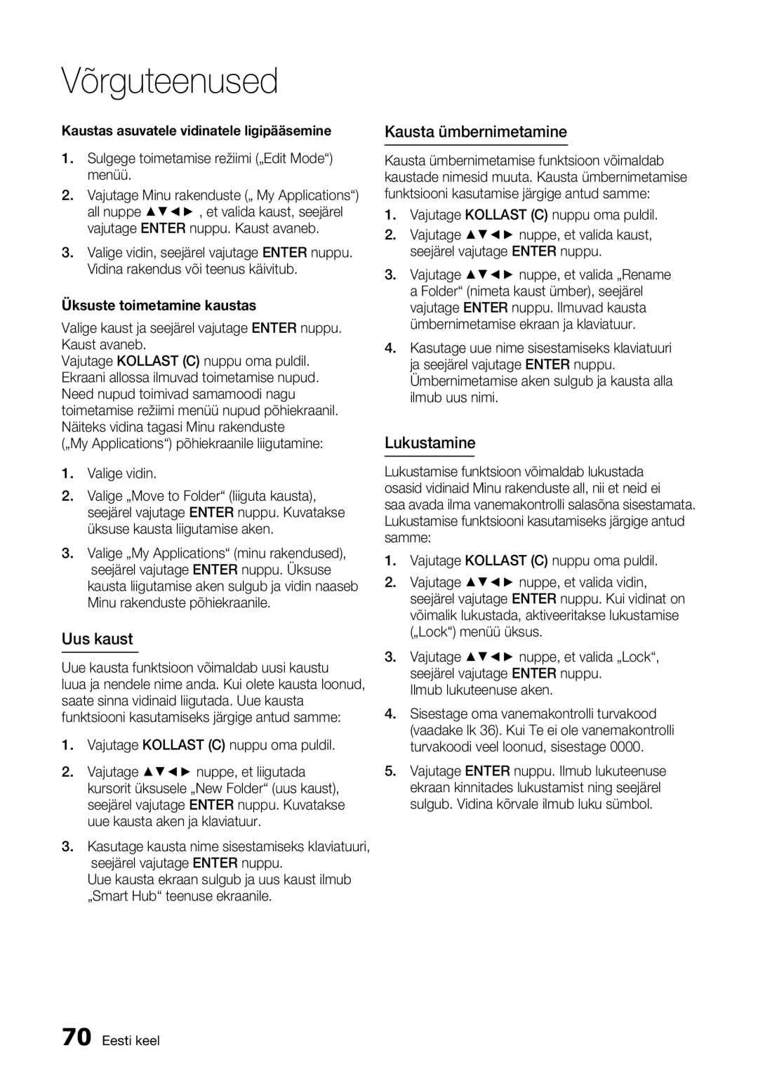 Samsung HT-D5550/EN manual Uus kaust, Kausta ümbernimetamine, Lukustamine, Üksuste toimetamine kaustas 