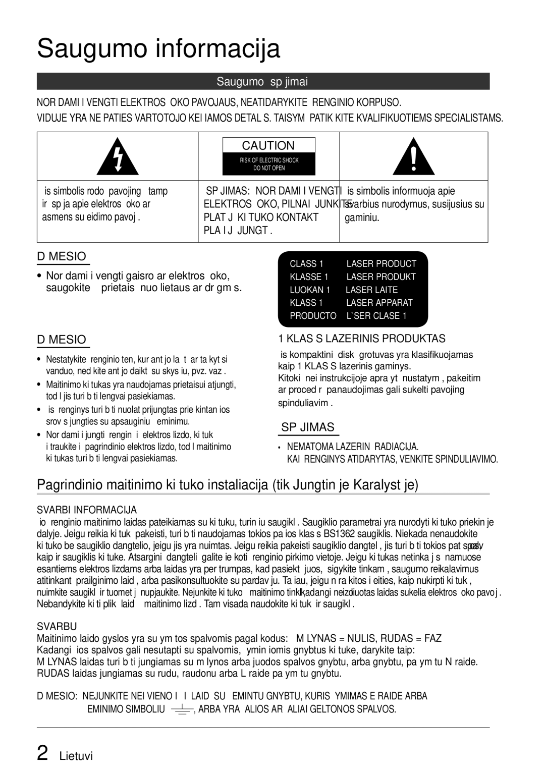 Samsung HT-D5550/EN manual Saugumo įspėjimai, Lietuvių 