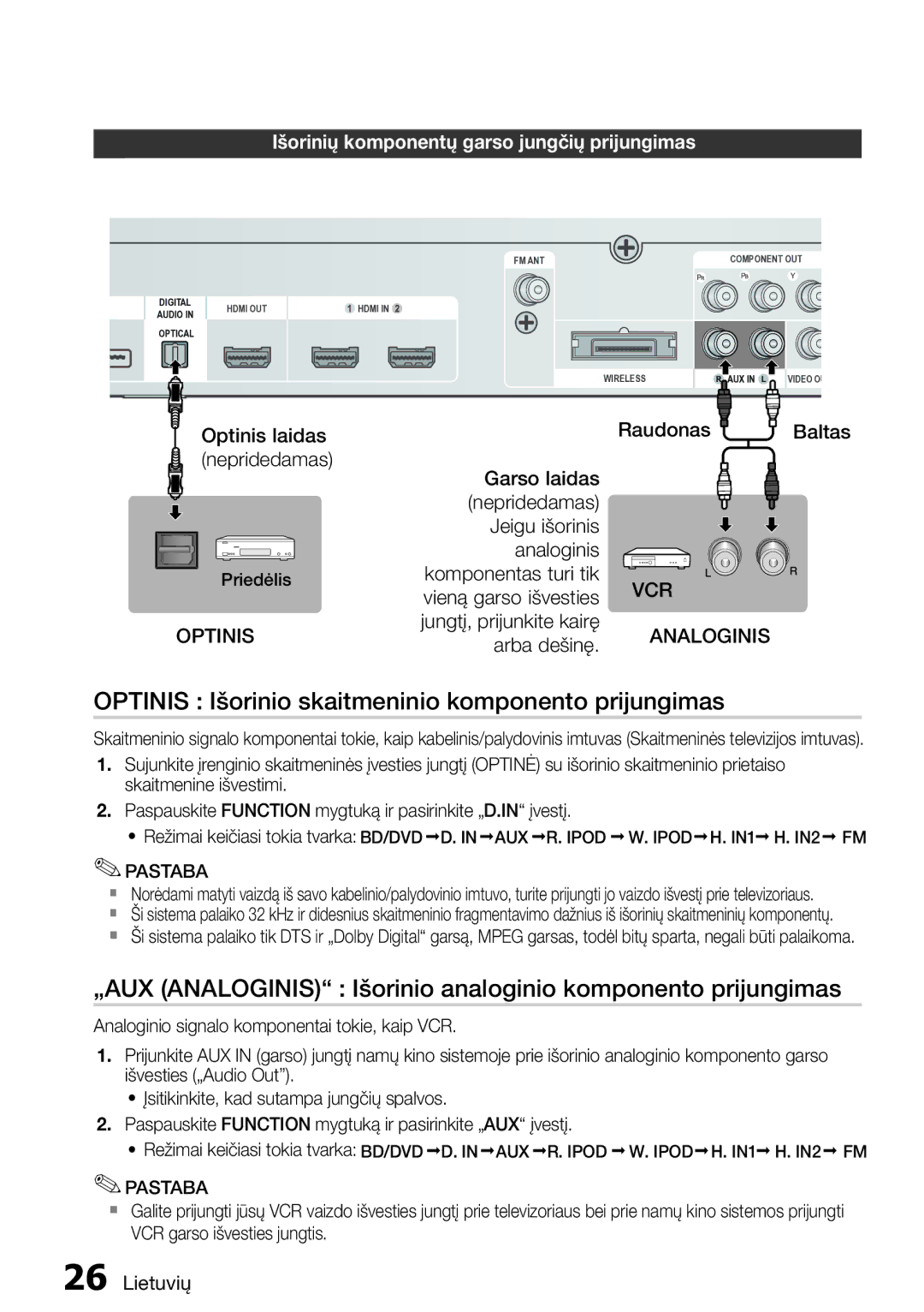 Samsung HT-D5550/EN Optinis Išorinio skaitmeninio komponento prijungimas, Išorinių komponentų garso jungčių prijungimas 