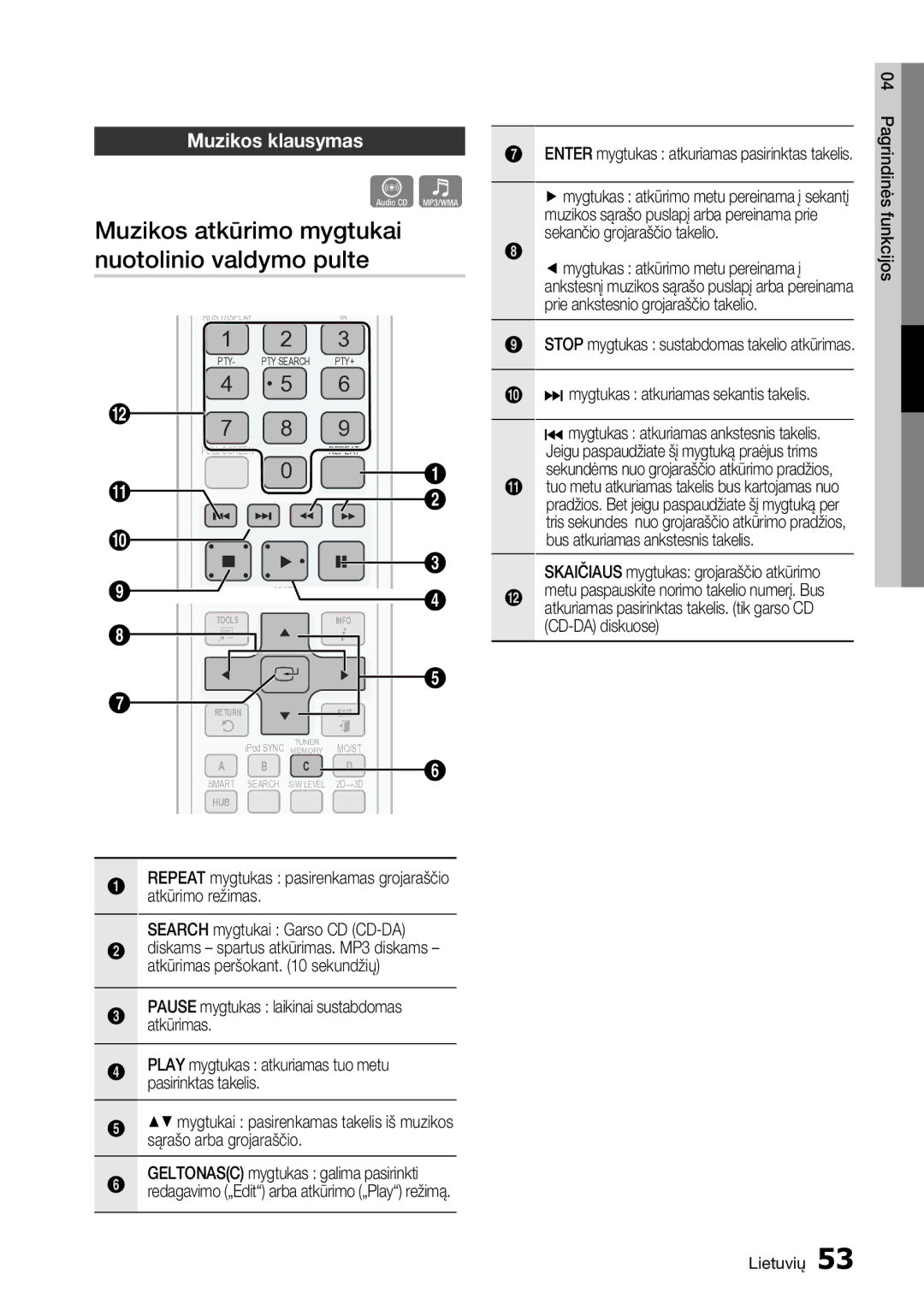 Samsung HT-D5550/EN manual Muzikos atkūrimo mygtukai nuotolinio valdymo pulte, Muzikos klausymas 