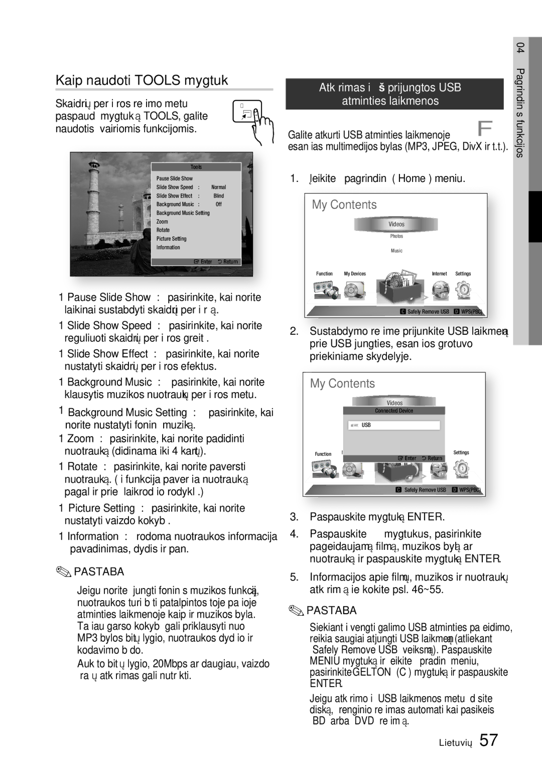 Samsung HT-D5550/EN manual Atkūrimas iš prijungtos USB Atminties laikmenos, Paspaudę mygtuką TOOLS, galite 