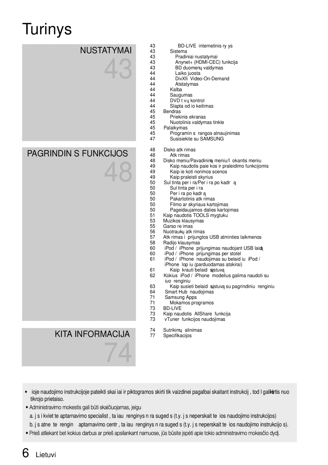 Samsung HT-D5550/EN manual Pagrindinės Funkcijos Kita Informacija 