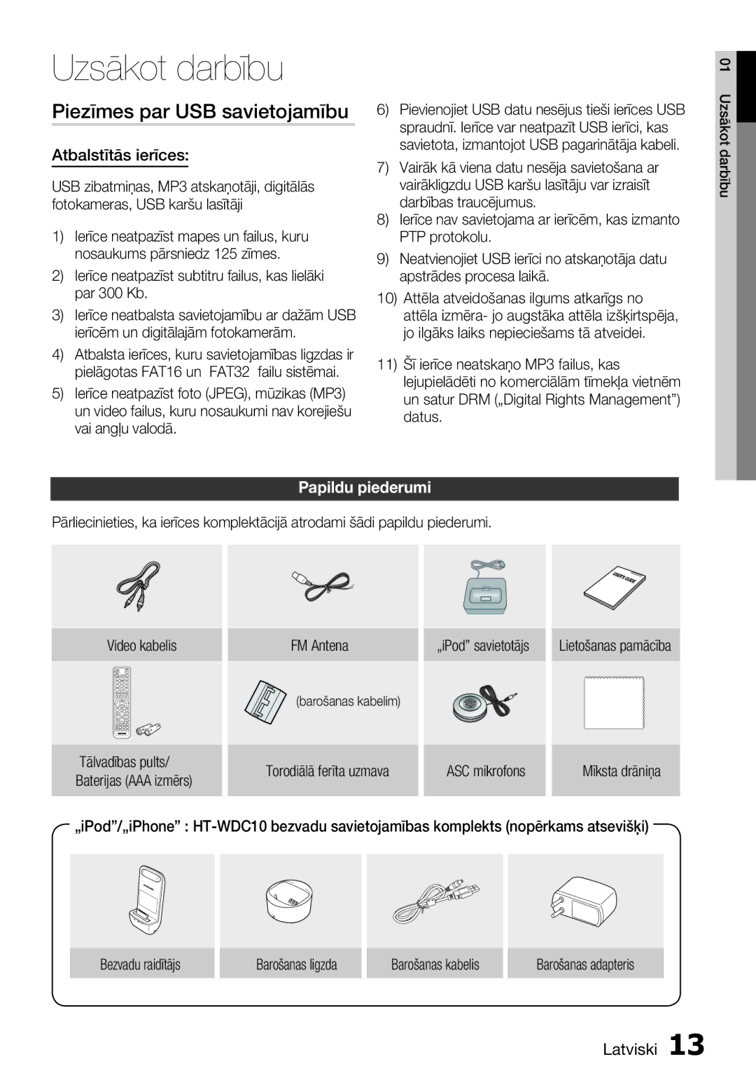 Samsung HT-D5550/EN Piezīmes par USB savietojamību, Atbalstītās ierīces, Papildu piederumi, FM Antena, Barošanas kabelim 