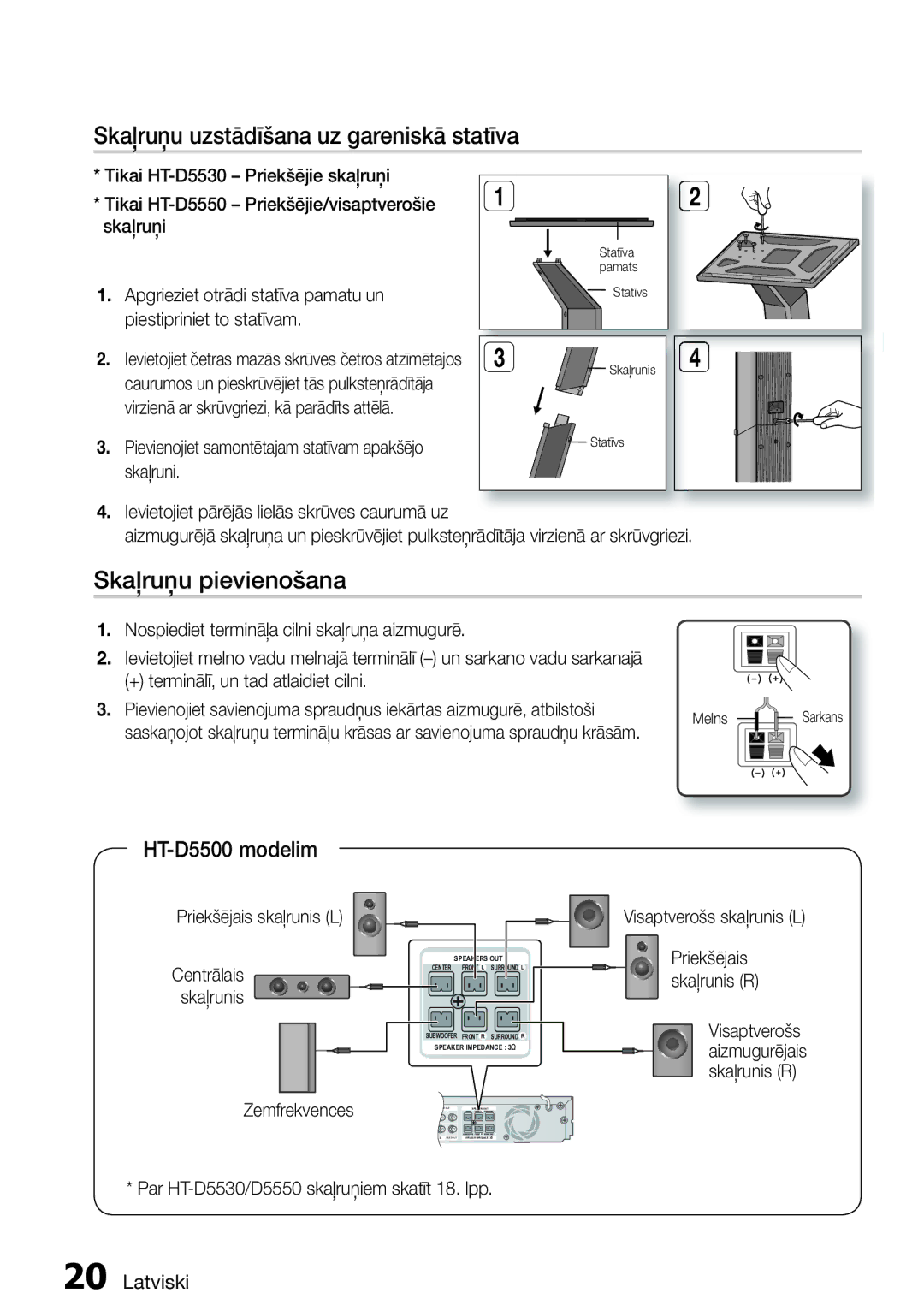 Samsung HT-D5550/EN manual Skaļruņu uzstādīšana uz gareniskā statīva, Pievienojiet samontētajam statīvam apakšējo skaļruni 