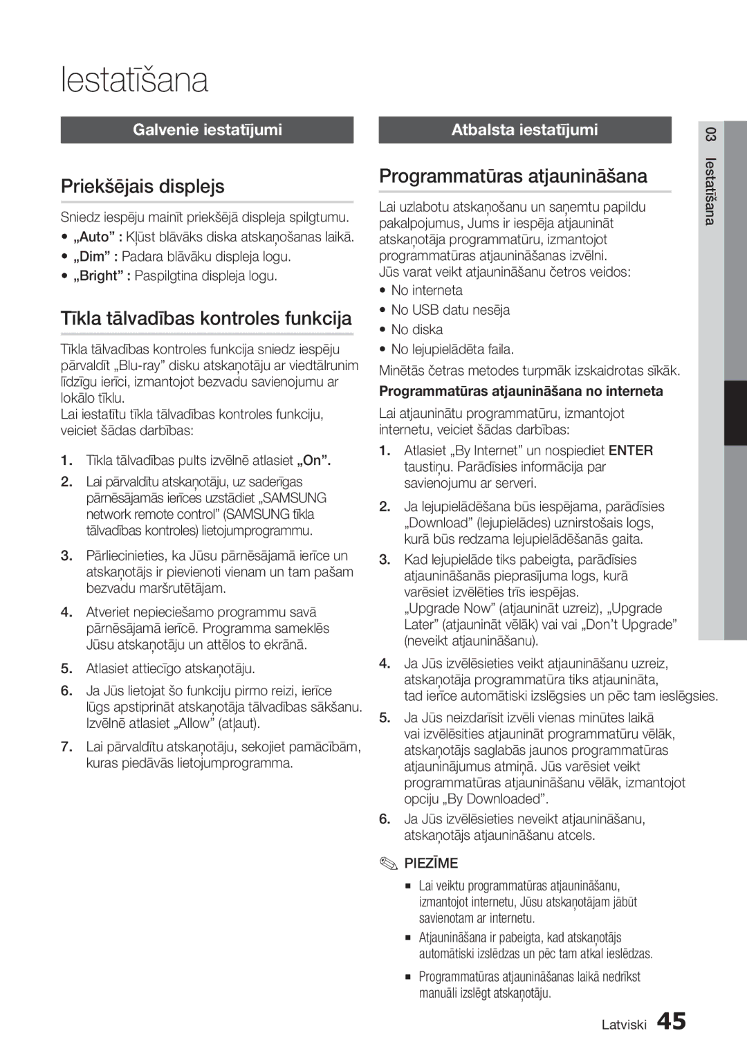 Samsung HT-D5550/EN manual Priekšējais displejs, Tīkla tālvadības kontroles funkcija, Programmatūras atjaunināšana 