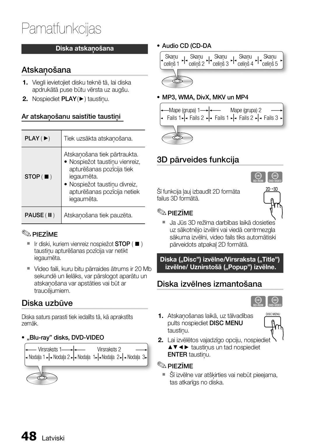 Samsung HT-D5550/EN manual Atskaņošana, Diska uzbūve, 3D pārveides funkcija, Diska izvēlnes izmantošana, Diska atskaņošana 