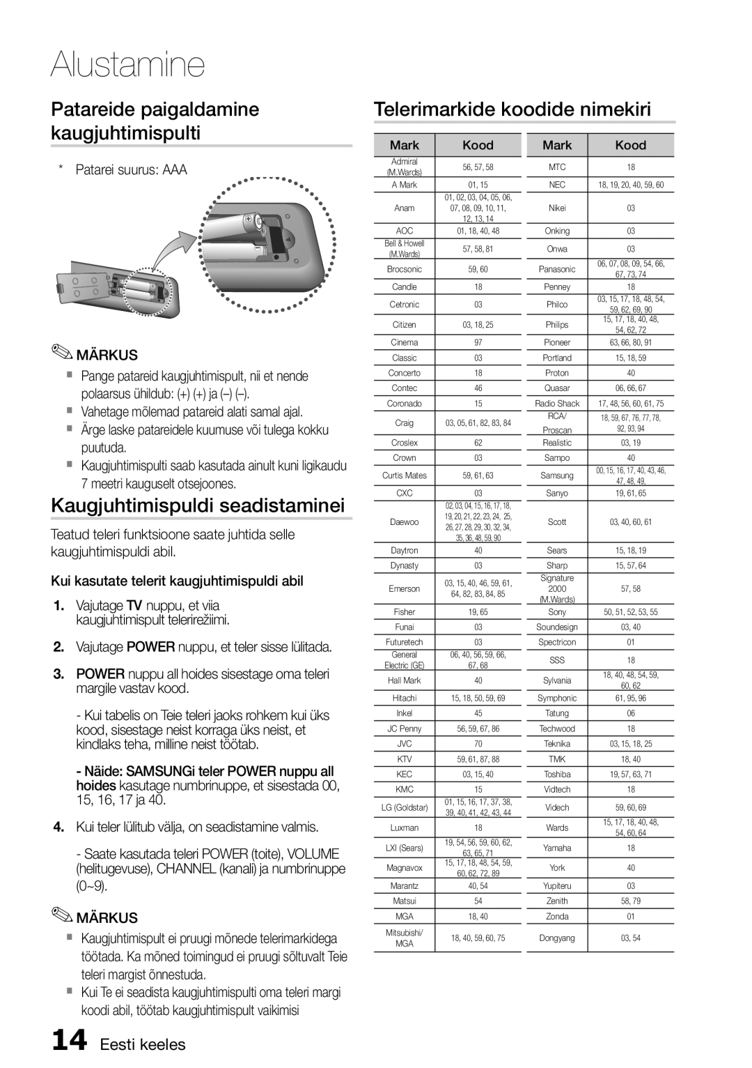 Samsung HT-D555/EN manual Kaugjuhtimispuldi seadistaminei, Patarei suurus AAA, Mark Kood 