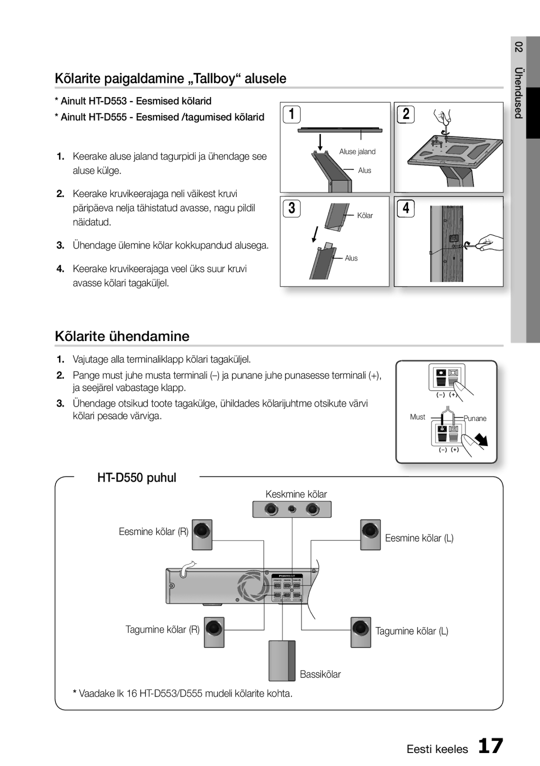 Samsung HT-D555/EN manual Kõlarite ühendamine, Kõlarite paigaldamine „Tallboy alusele, HT-D550 puhul 