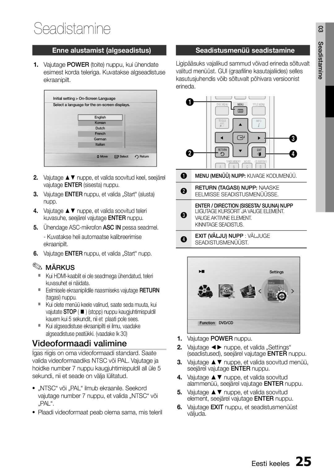 Samsung HT-D555/EN manual Seadistamine, Videoformaadi valimine, Enne alustamist algseadistus, Seadistusmenüü seadistamine 