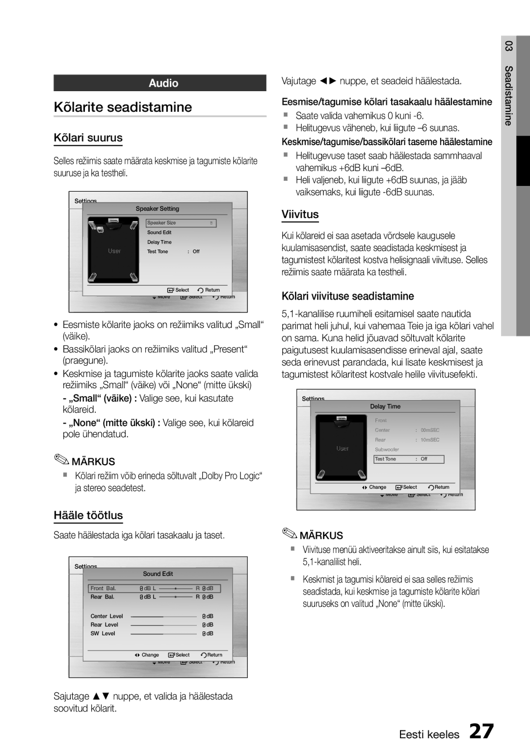 Samsung HT-D555/EN manual Kõlarite seadistamine, Audio 