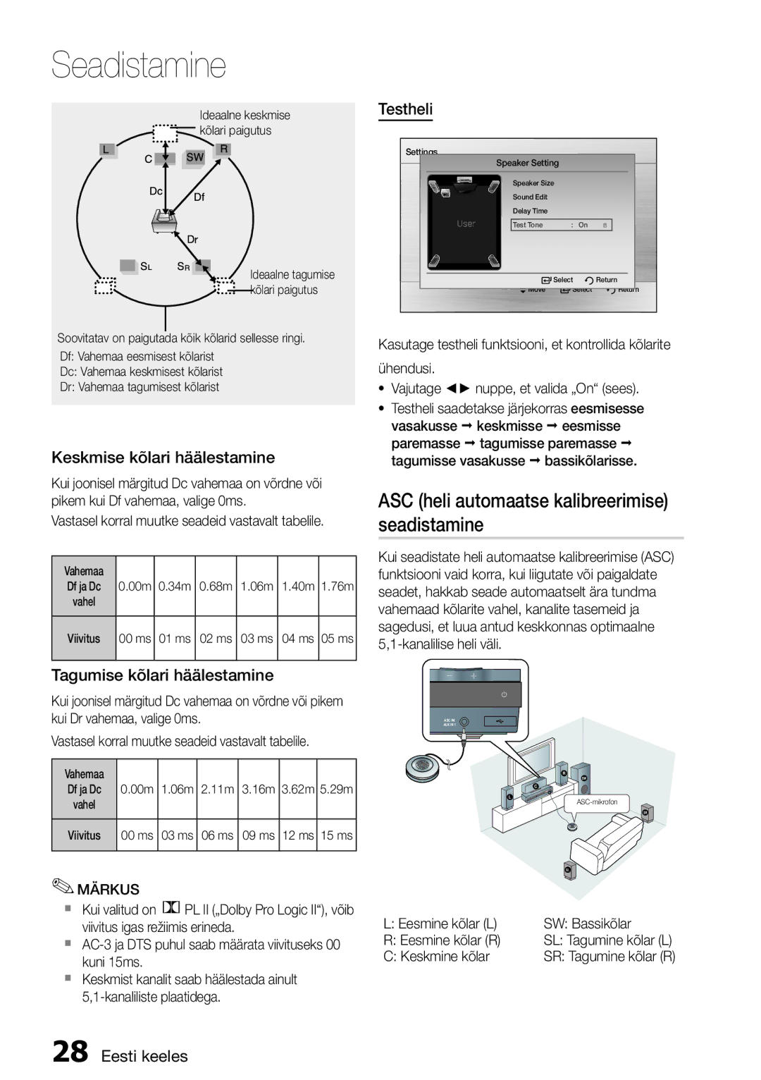 Samsung HT-D555/EN manual ASC heli automaatse kalibreerimise seadistamine, Keskmise kõlari häälestamine, Testheli 