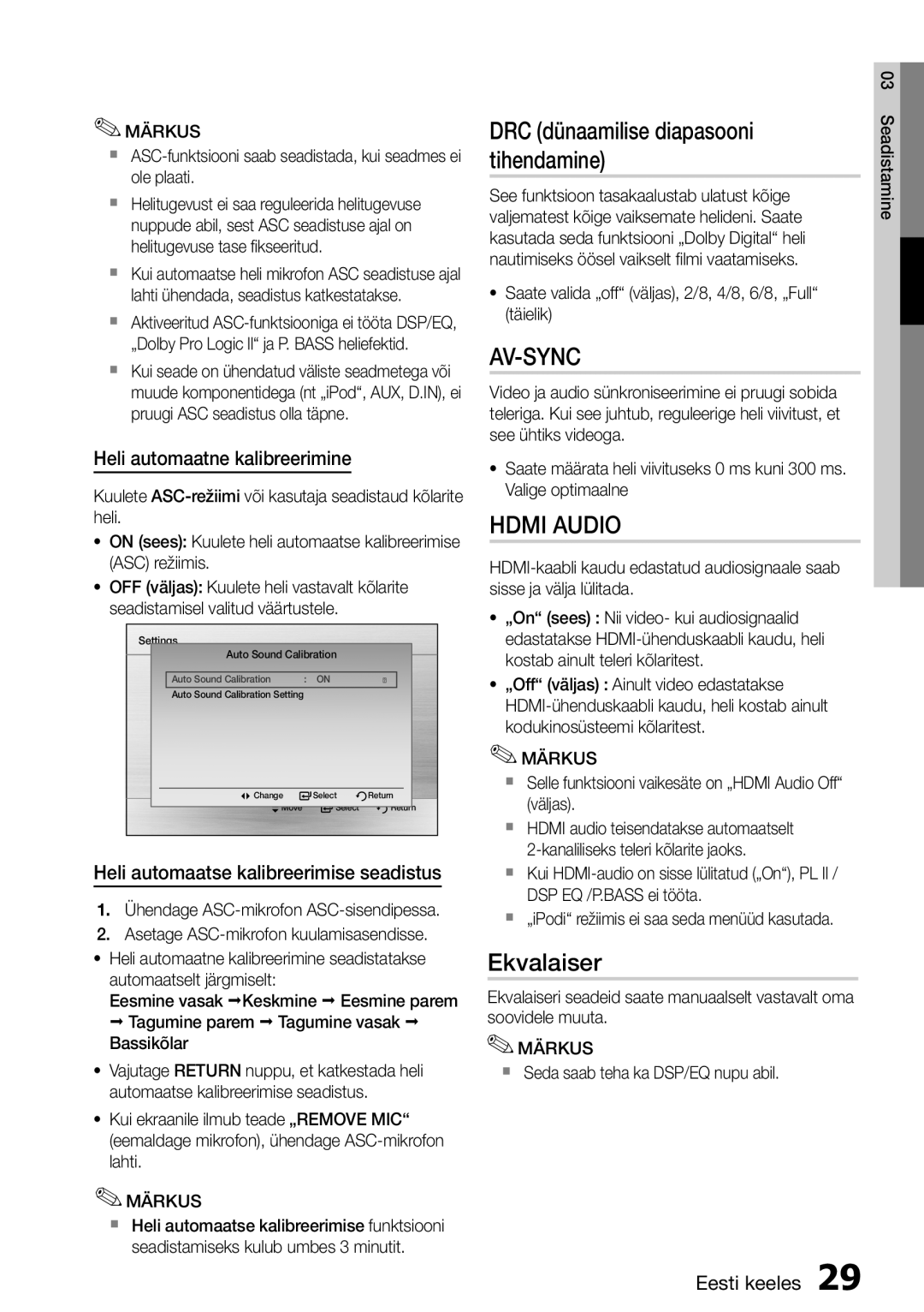 Samsung HT-D555/EN manual DRC dünaamilise diapasooni tihendamine, Ekvalaiser, Heli automaatne kalibreerimine 