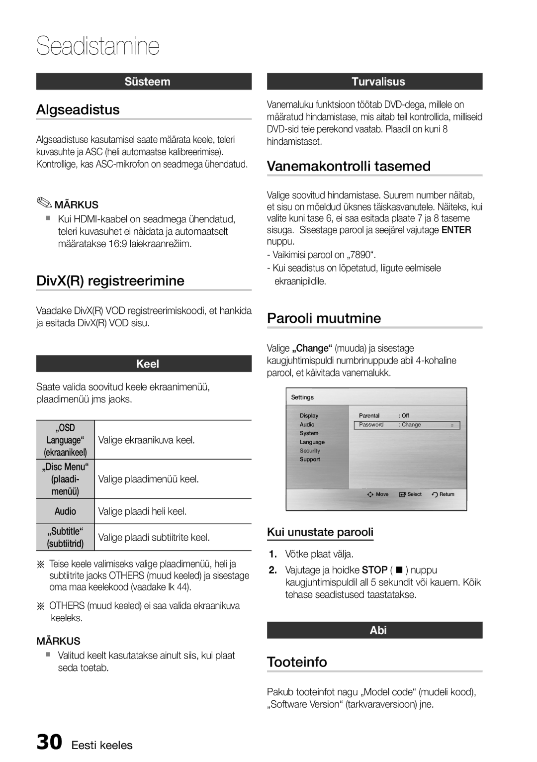 Samsung HT-D555/EN manual Algseadistus, DivXR registreerimine, Vanemakontrolli tasemed, Parooli muutmine, Tooteinfo 