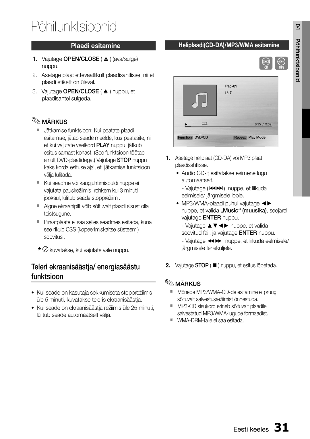 Samsung HT-D555/EN manual Põhifunktsioonid, Teleri ekraanisäästja/ energiasäästu funktsioon, Plaadi esitamine 